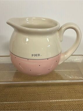 Rae Dunn POUR Creamer Small Pitcher Sweet Pink White Polka Dot 4 Inches Tall EUC
